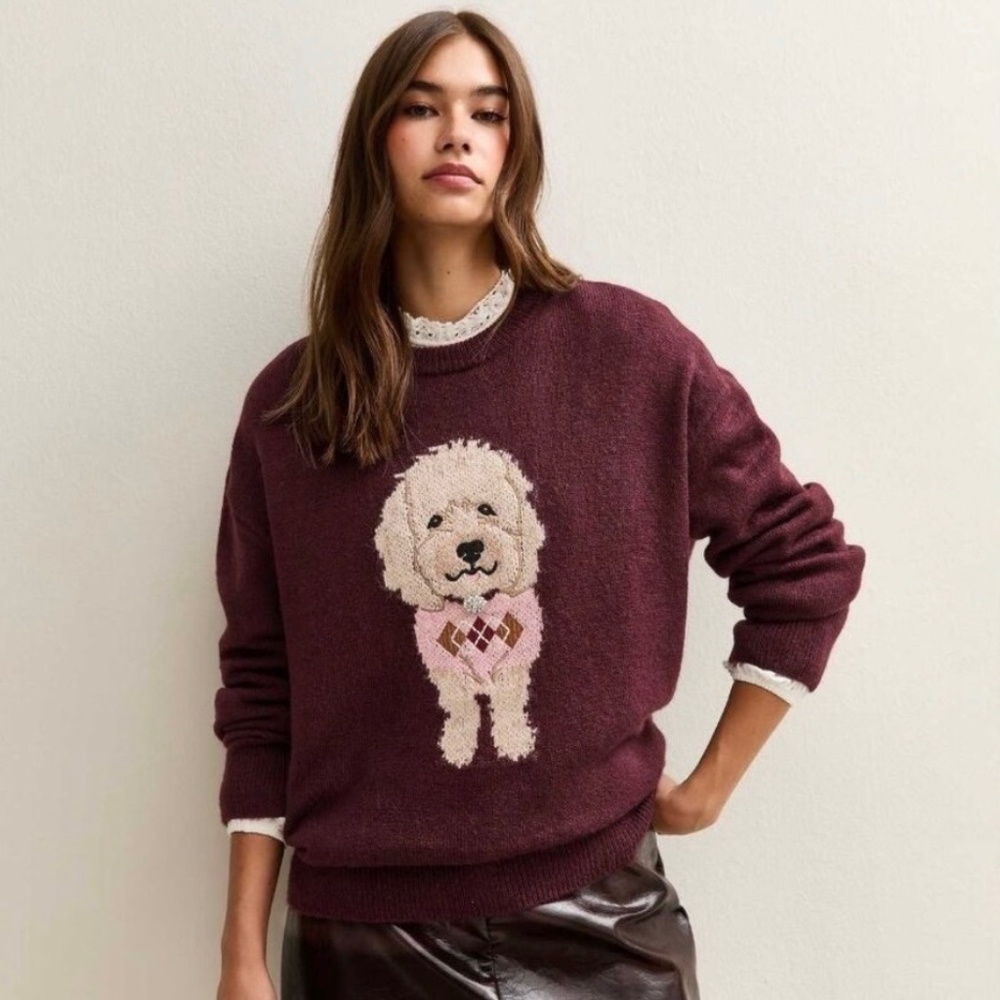 Anthropologie Dog Intarsia Sweater Burgundy Puppy Sweater NWT Size XS